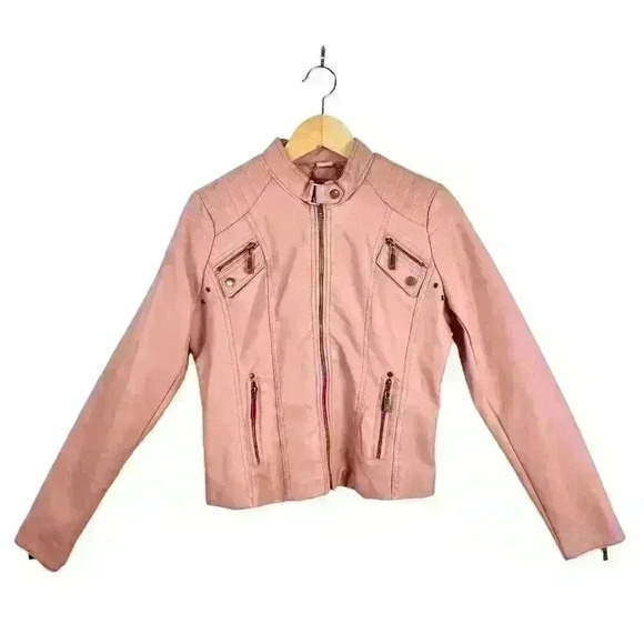 Joujou Pink Faux Leather Moto Jacket Girls XL /Wmn S Y2K Rocker Biker Girly Girl - Picture 1 of 16